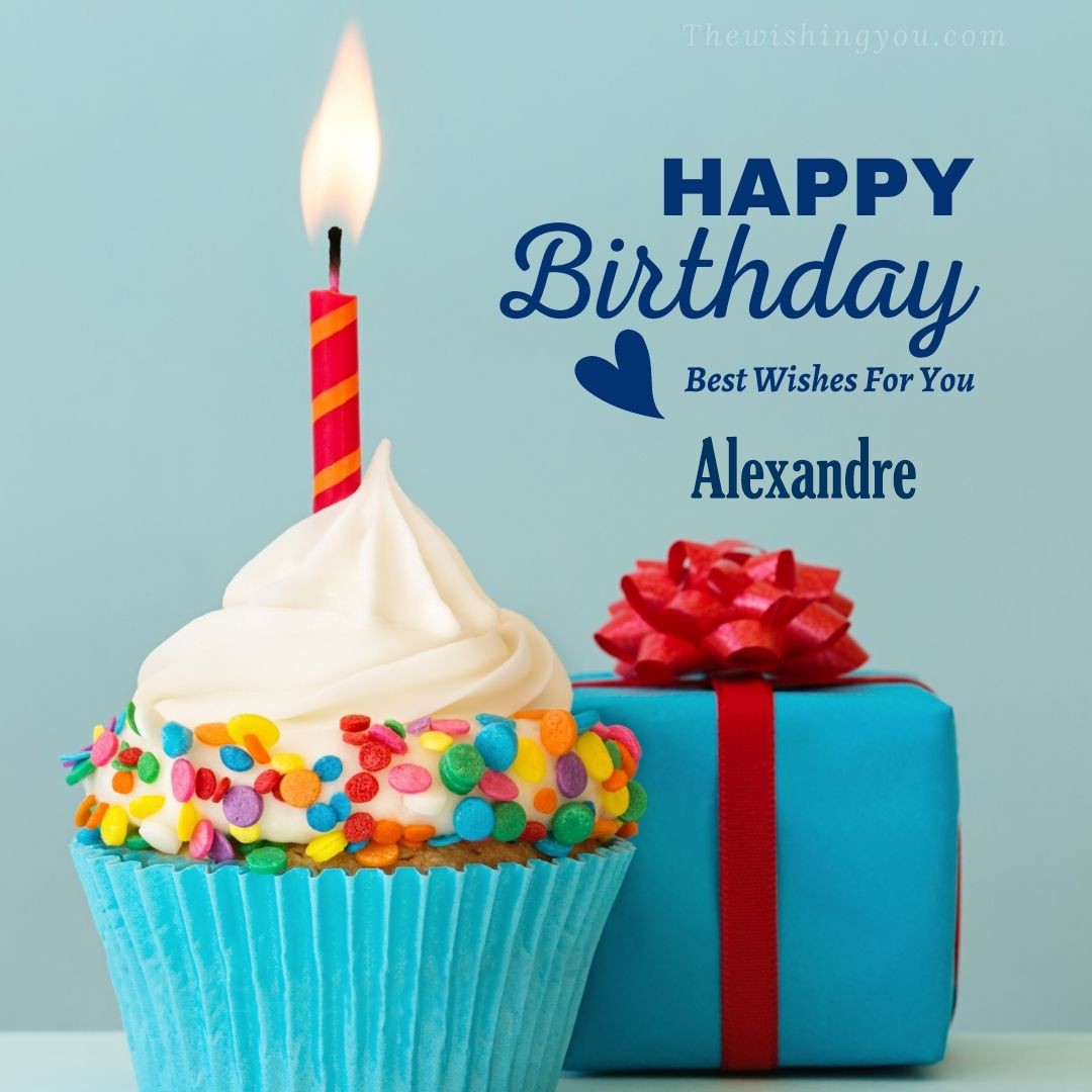 Happy birthday Alexandre written on image Blue Cup cake and burning candle blue Gift boxes with red ribon