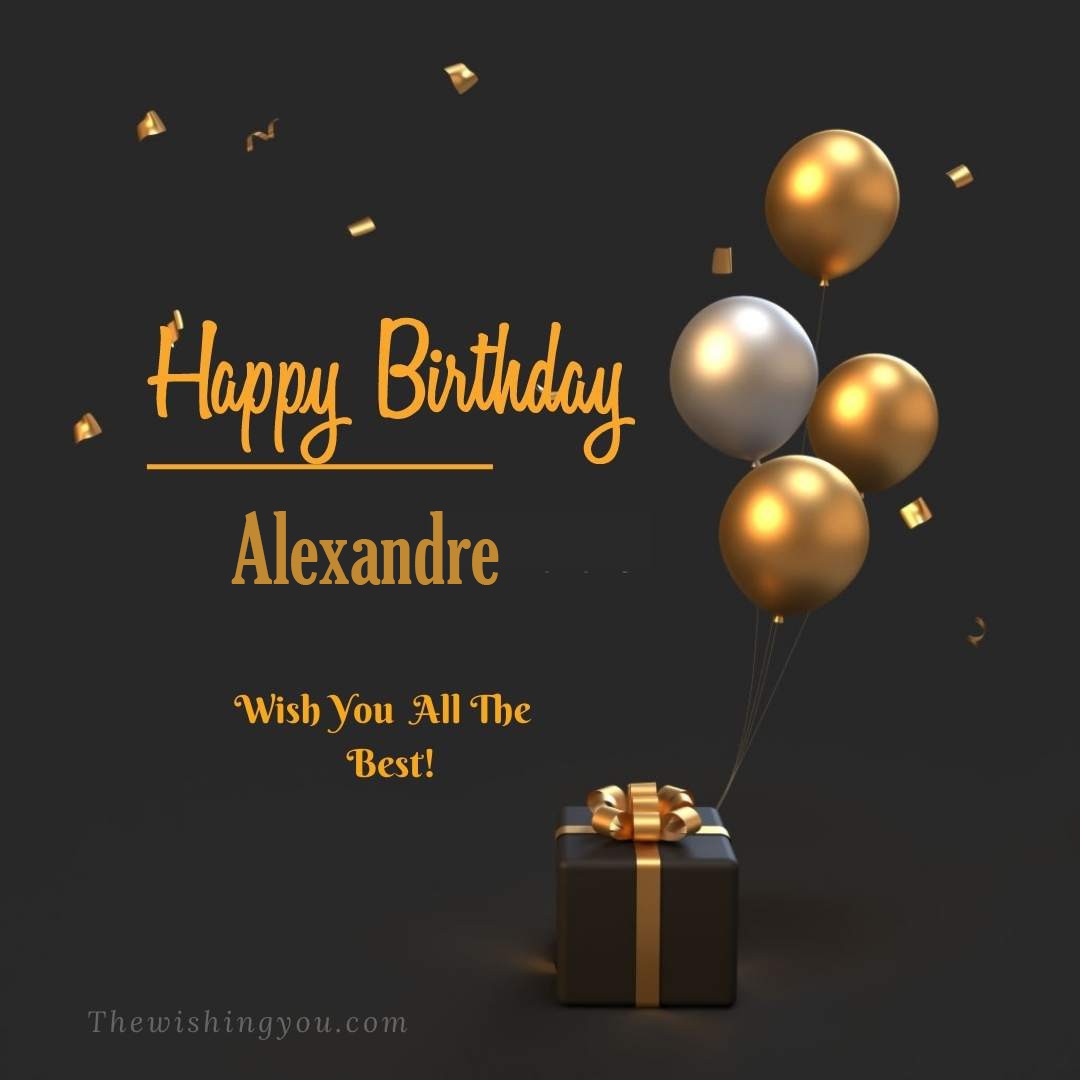 Happy birthday Alexandre written on image Light Yello and white Balloons with gift box Dark Background