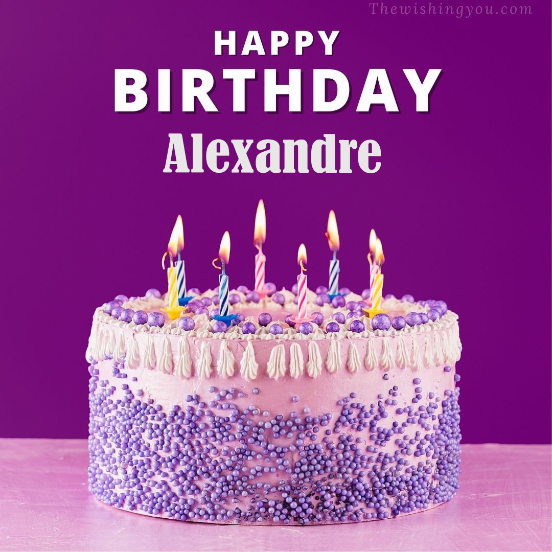 Happy birthday Alexandre written on image White and blue cake and burning candles Violet background