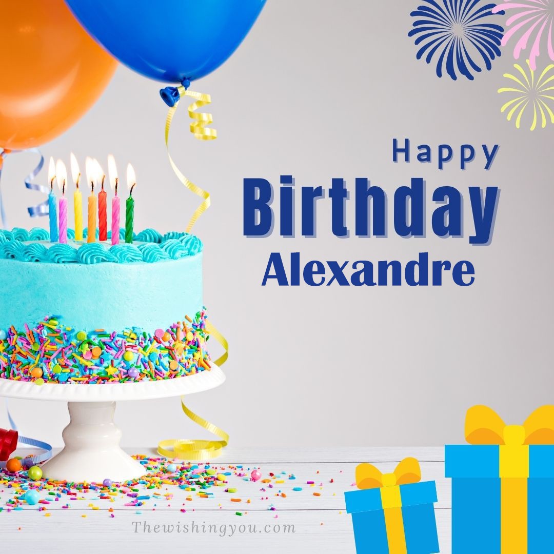 Happy birthday Alexandre written on image White cake keep on White stand and blue gift boxes with Yellow ribon with Sky background