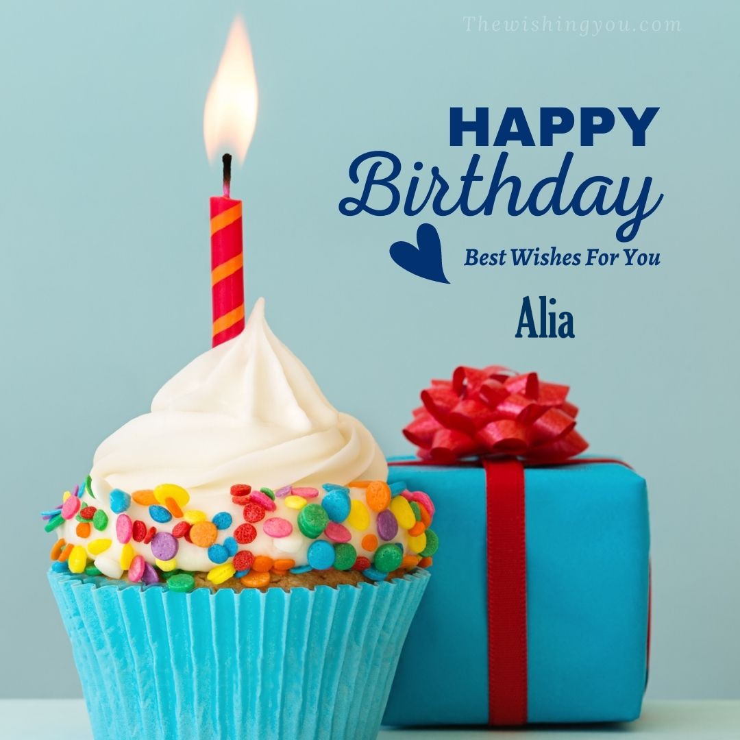 Happy birthday Alia written on image Blue Cup cake and burning candle blue Gift boxes with red ribon