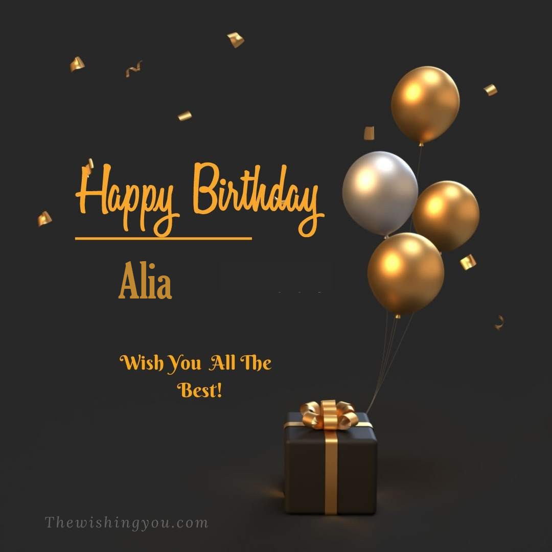 Happy birthday Alia written on image Light Yello and white Balloons with gift box Dark Background
