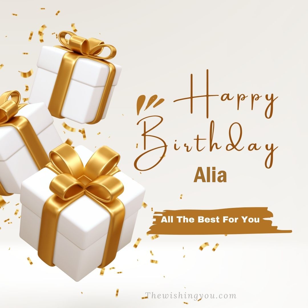 Happy birthday Alia written on image White gift boxes with Yellow ribon with white background