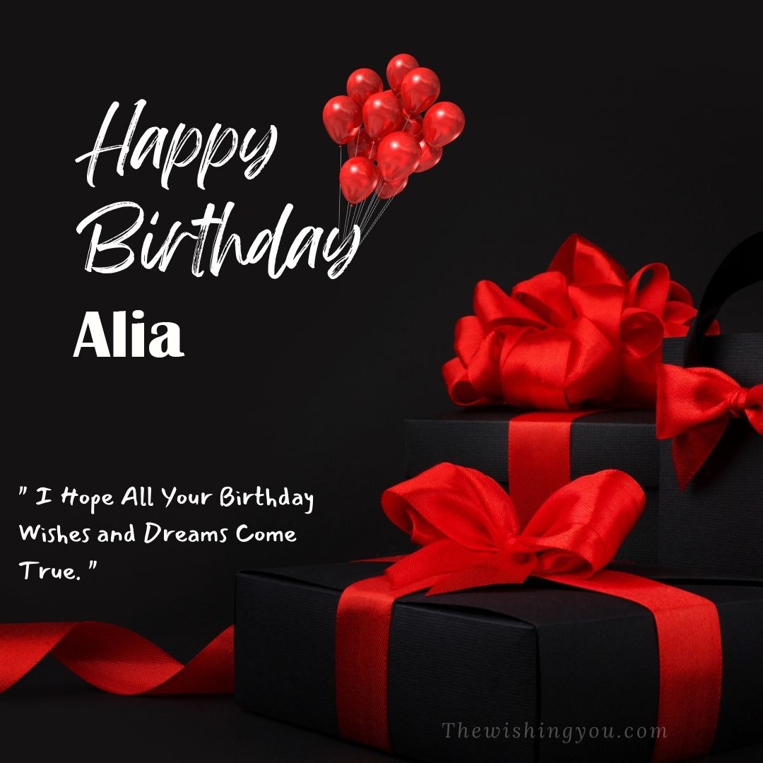 Happy birthday Alia written on image red ballons and gift box with red ribbon Dark Black background