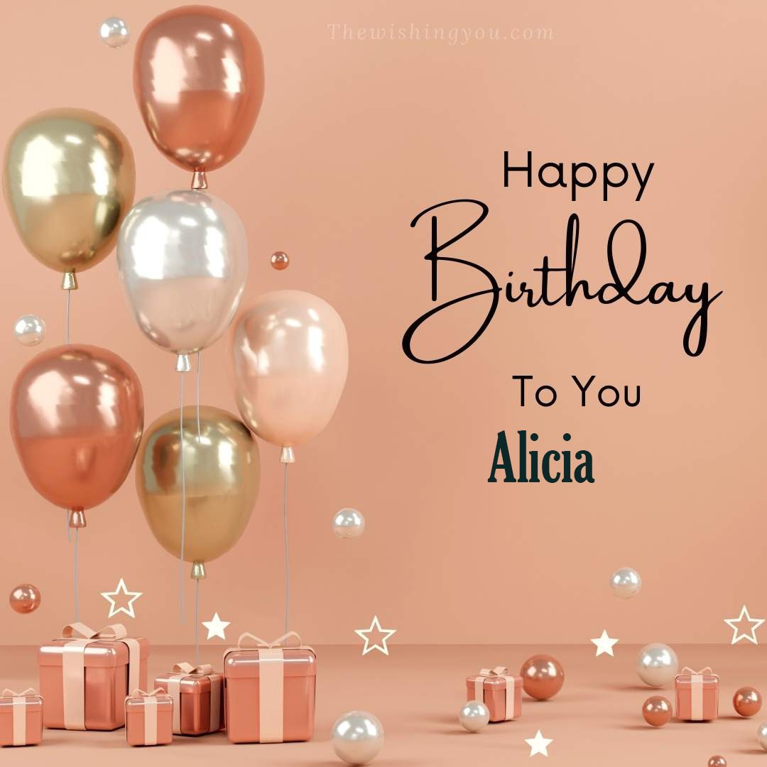 Happy birthday Alicia written on image Light Yello and white and pink Balloons with many gift box Pink Background