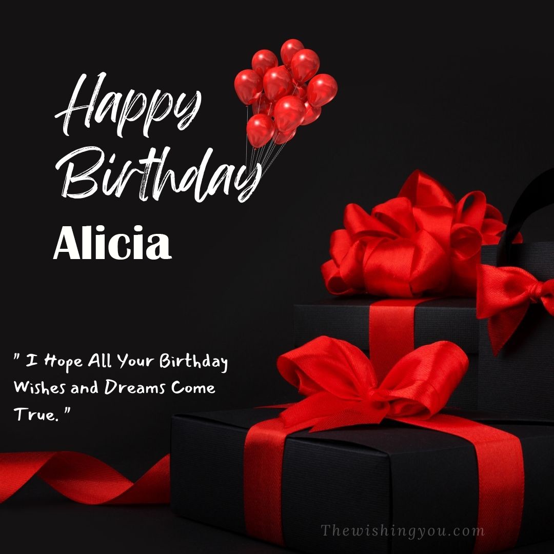 Happy birthday Alicia written on image red ballons and gift box with red ribbon Dark Black background