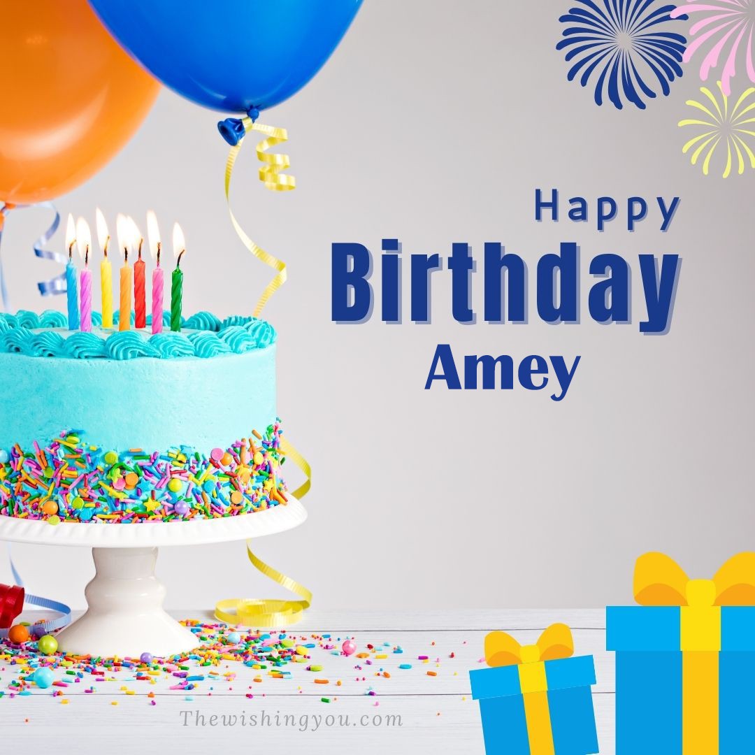 Happy birthday Amey written on image White cake keep on White stand and blue gift boxes with Yellow ribon with Sky background