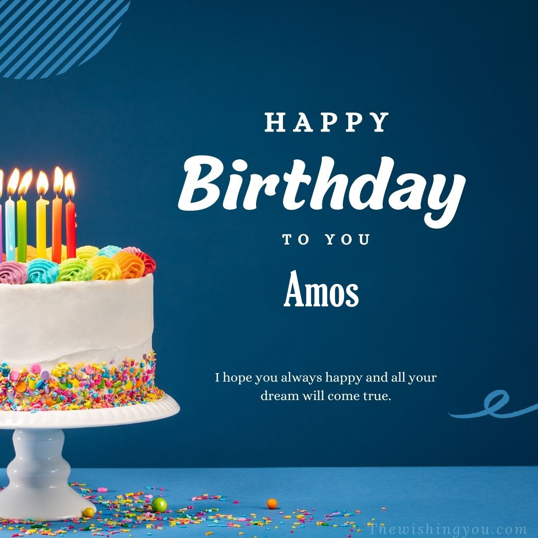 Happy birthday Amos written on image white cake and burning candle Blue Background