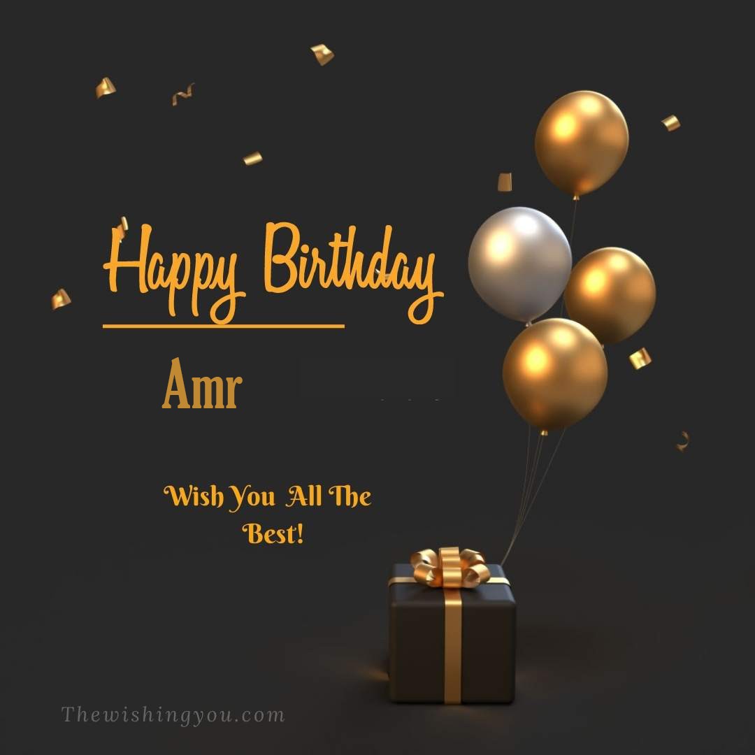 Happy birthday Amr written on image Light Yello and white Balloons with gift box Dark Background