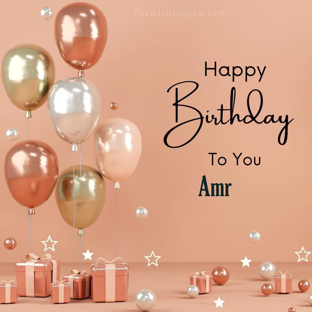 Happy birthday Amr written on image Light Yello and white and pink Balloons with many gift box Pink Background