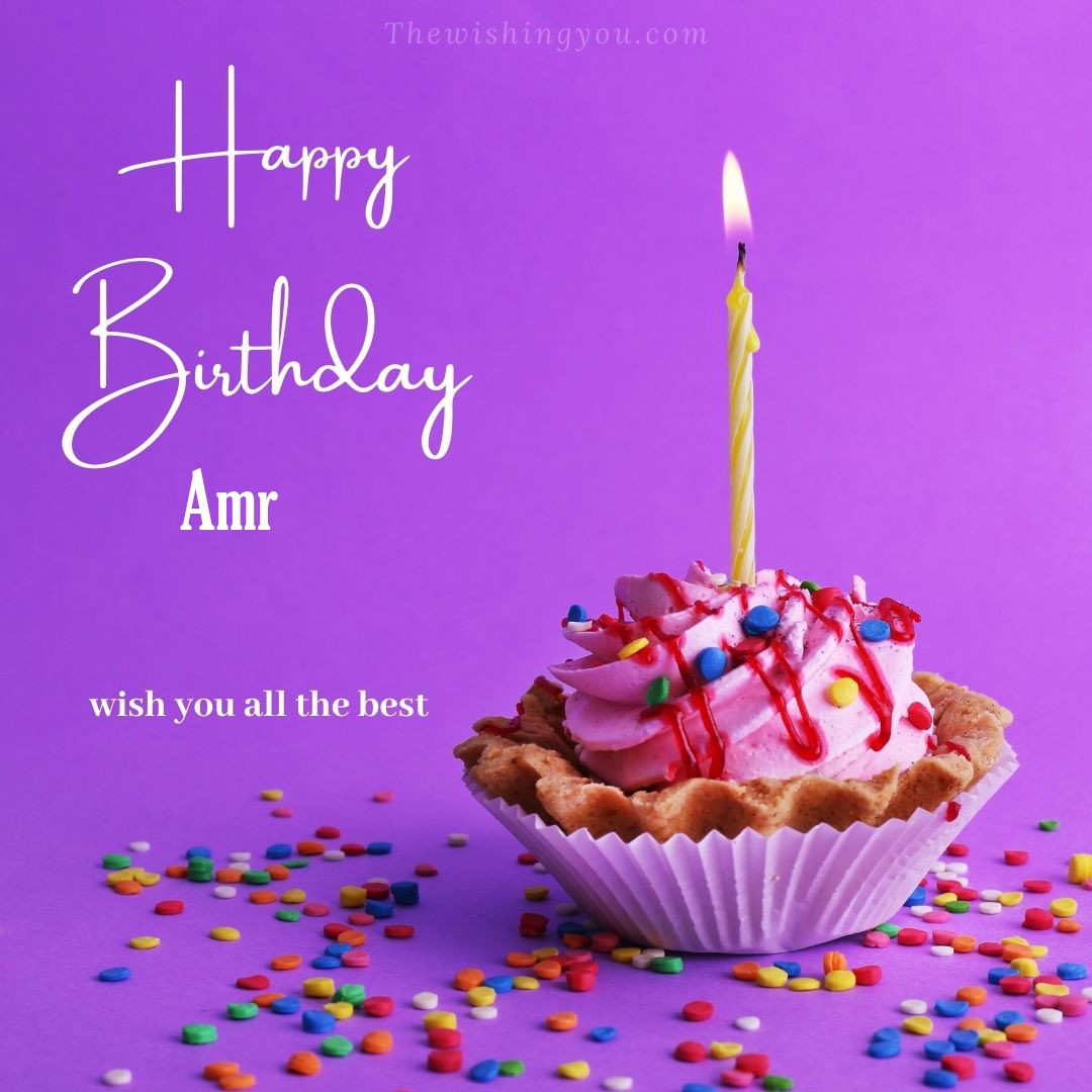 Happy birthday Amr written on image cup cake burning candle Purple background