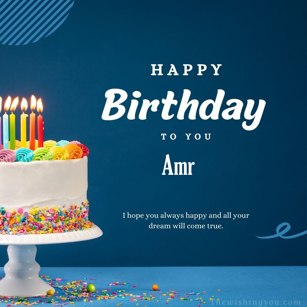 Happy birthday Amr written on image white cake and burning candle Blue Background