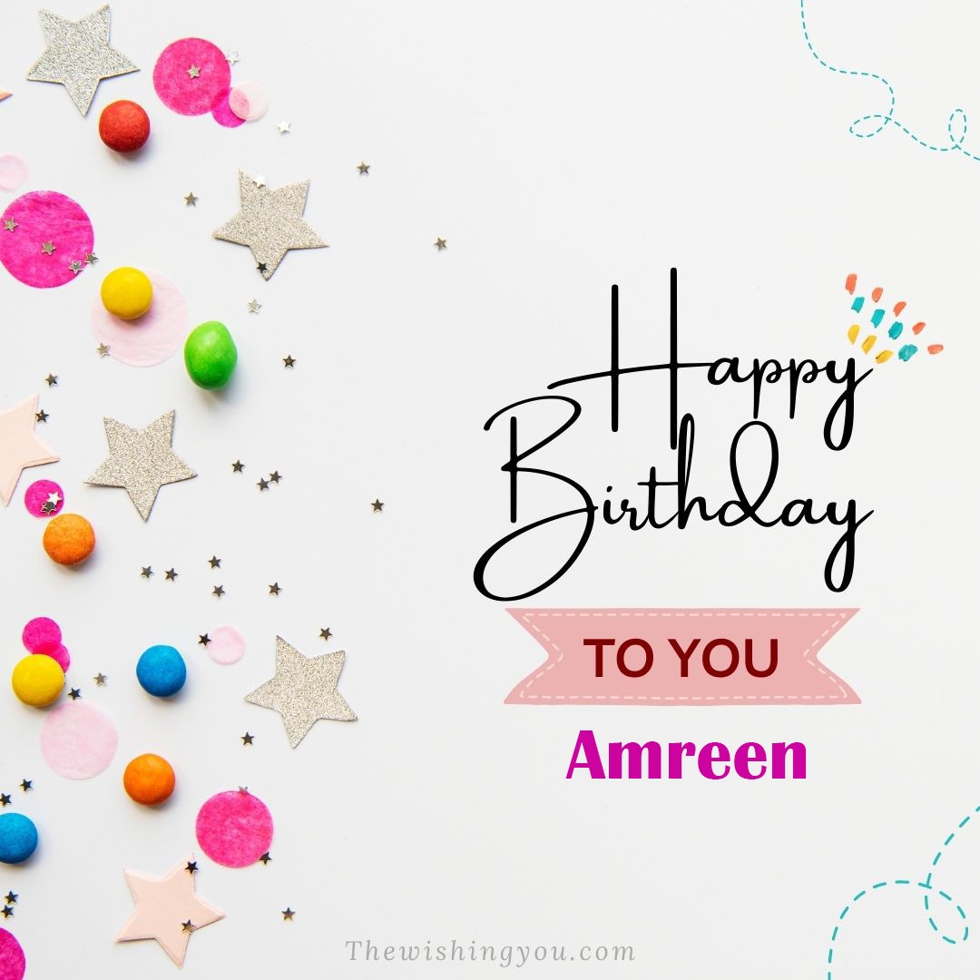 Happy birthday Amreen written on image Star and ballonWhite background
