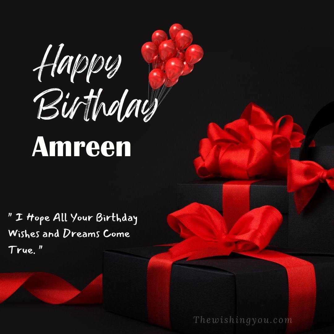 Happy birthday Amreen written on image red ballons and gift box with red ribbon Dark Black background