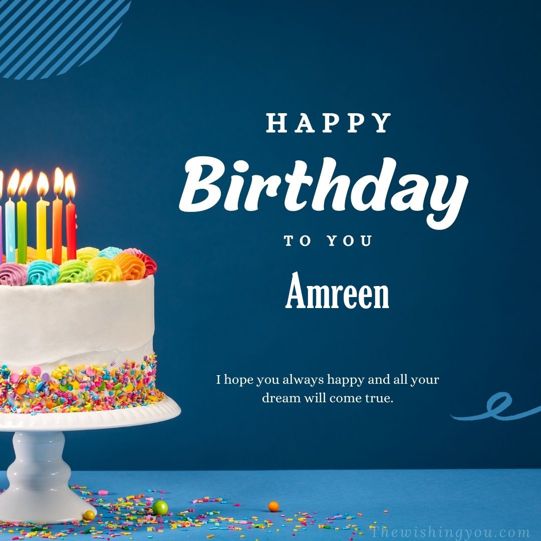 Happy birthday Amreen written on image white cake and burning candle Blue Background