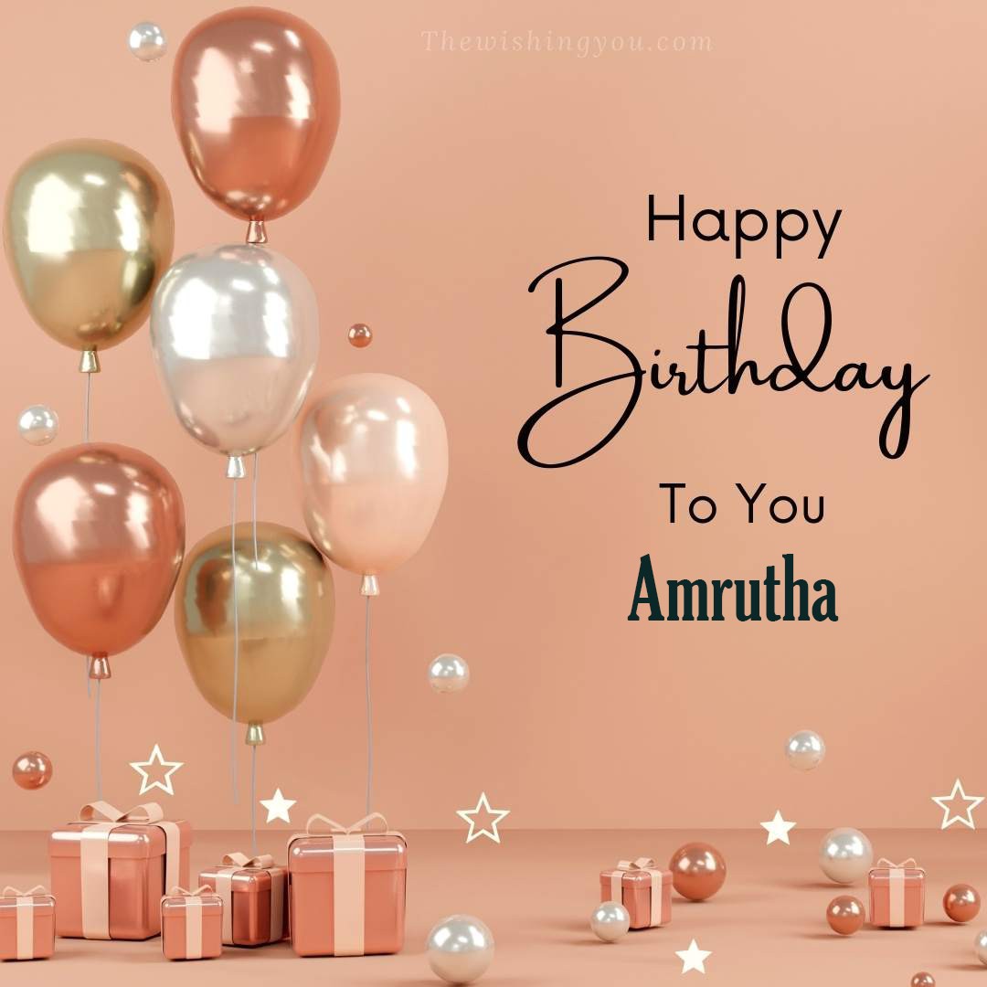Happy birthday Amrutha written on image Light Yello and white and pink Balloons with many gift box Pink Background