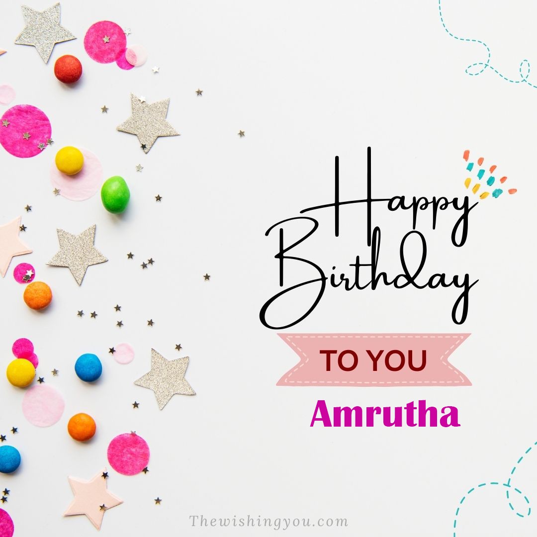 Happy birthday Amrutha written on image Star and ballonWhite background