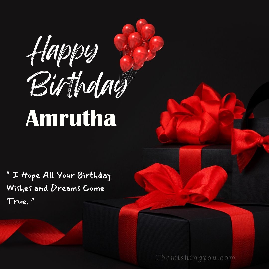 Happy birthday Amrutha written on image red ballons and gift box with red ribbon Dark Black background