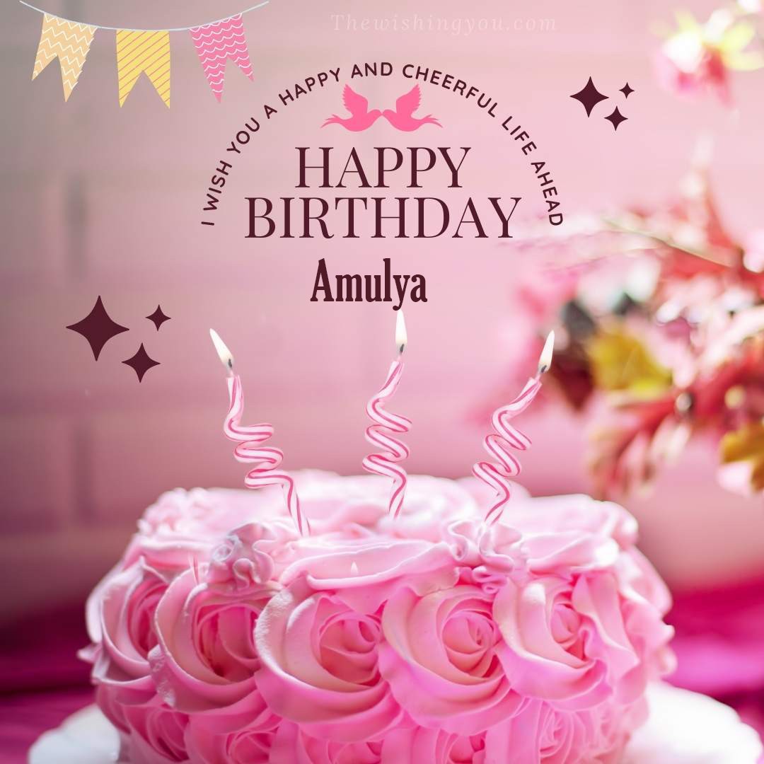 Happy birthday Amulya written on image Light Pink Chocolate Cake and candle Star