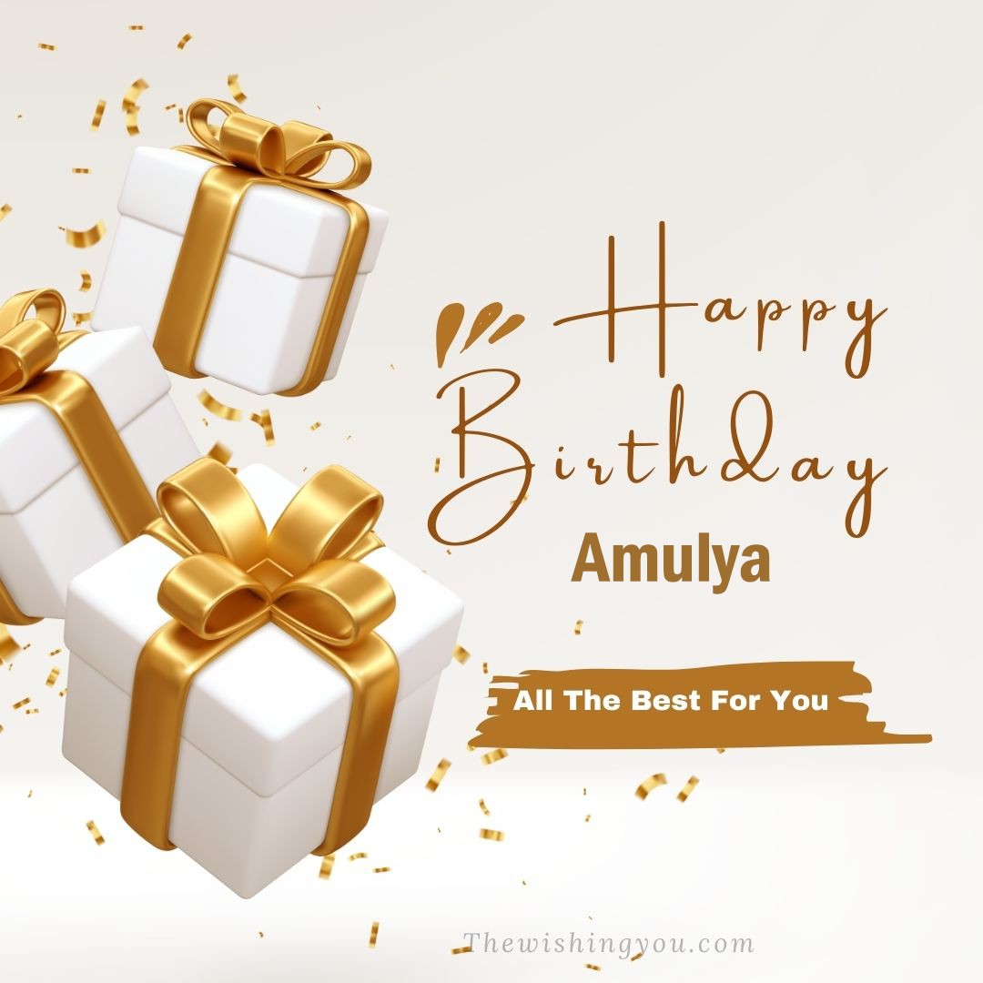 Happy birthday Amulya written on image White gift boxes with Yellow ribon with white background