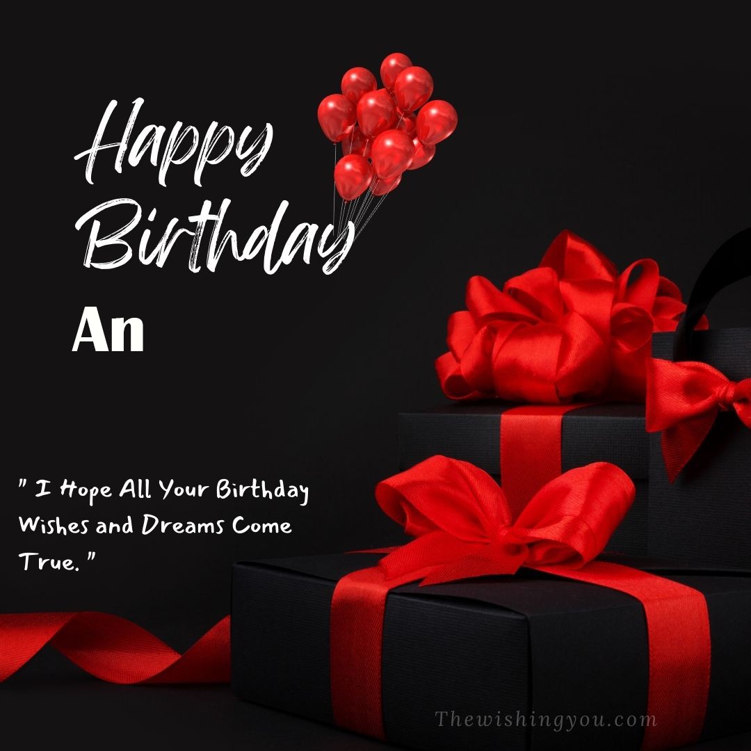 Happy birthday An written on image red ballons and gift box with red ribbon Dark Black background