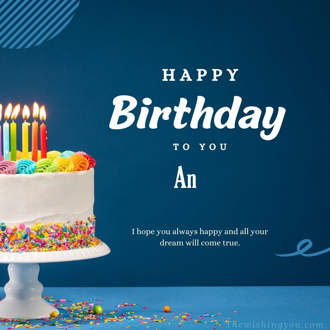 Happy birthday An written on image white cake and burning candle Blue Background