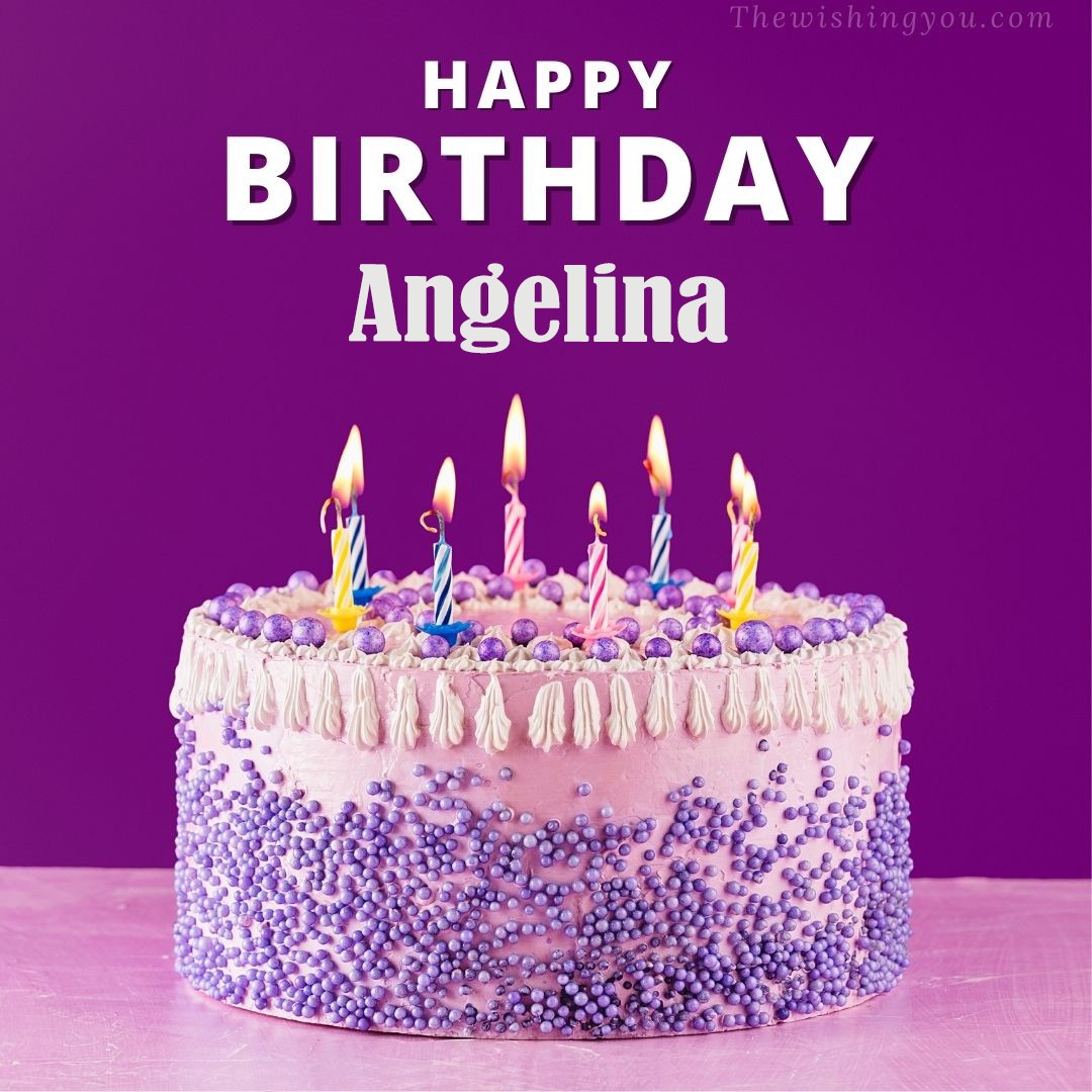 Happy birthday Angelina written on image White and blue cake and burning candles Violet background
