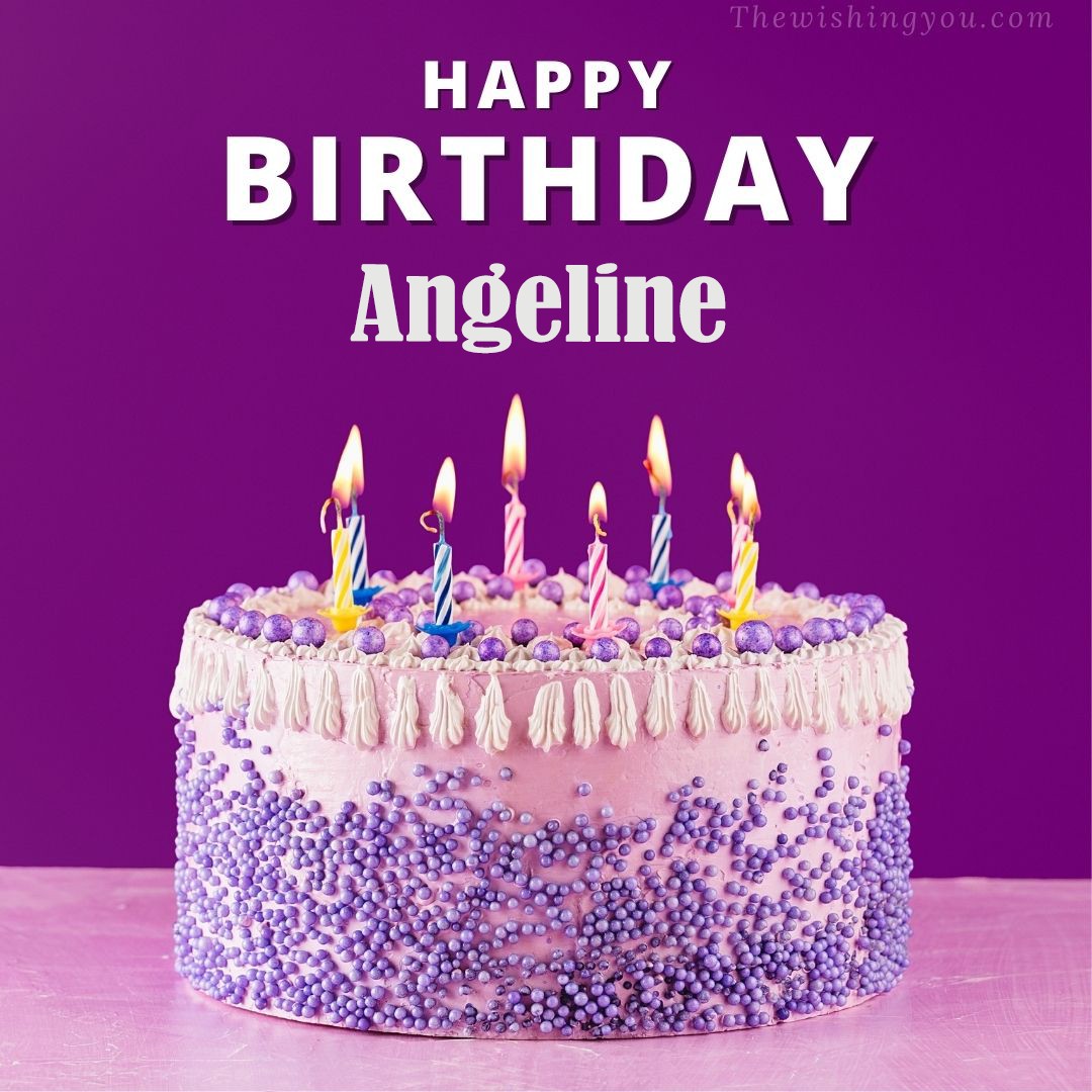 Happy birthday Angeline written on image White and blue cake and burning candles Violet background
