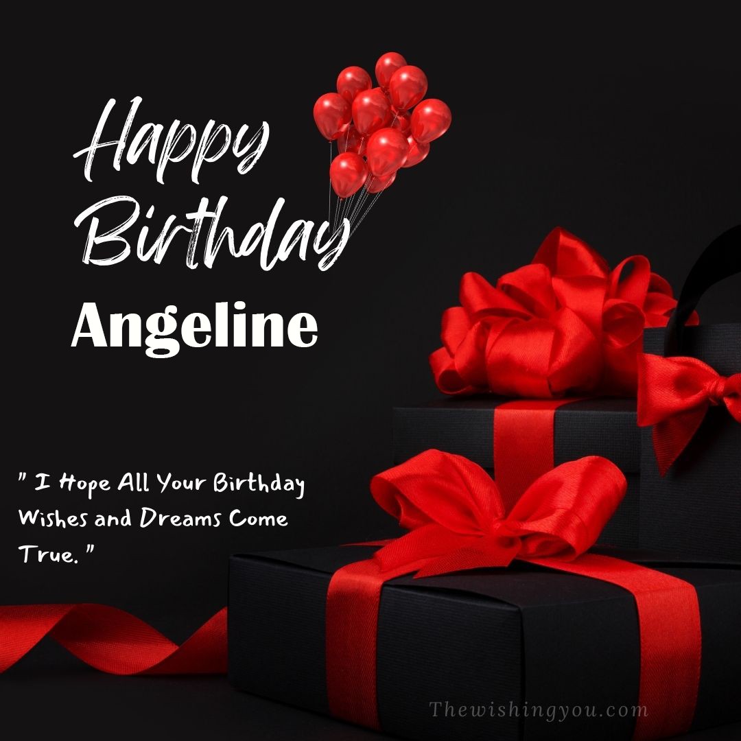 Happy birthday Angeline written on image red ballons and gift box with red ribbon Dark Black background
