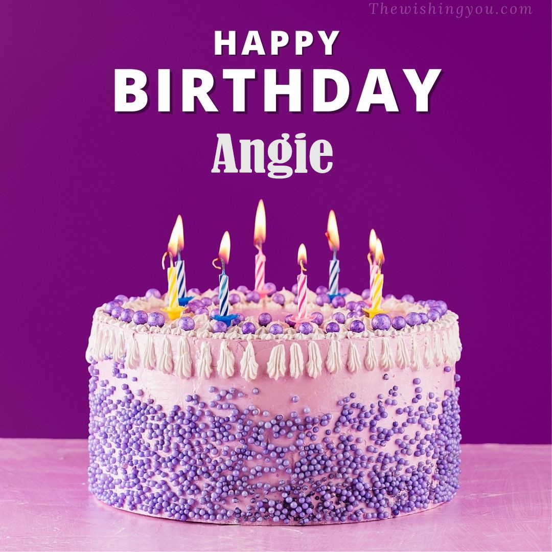 Happy birthday Angie written on image White and blue cake and burning candles Violet background
