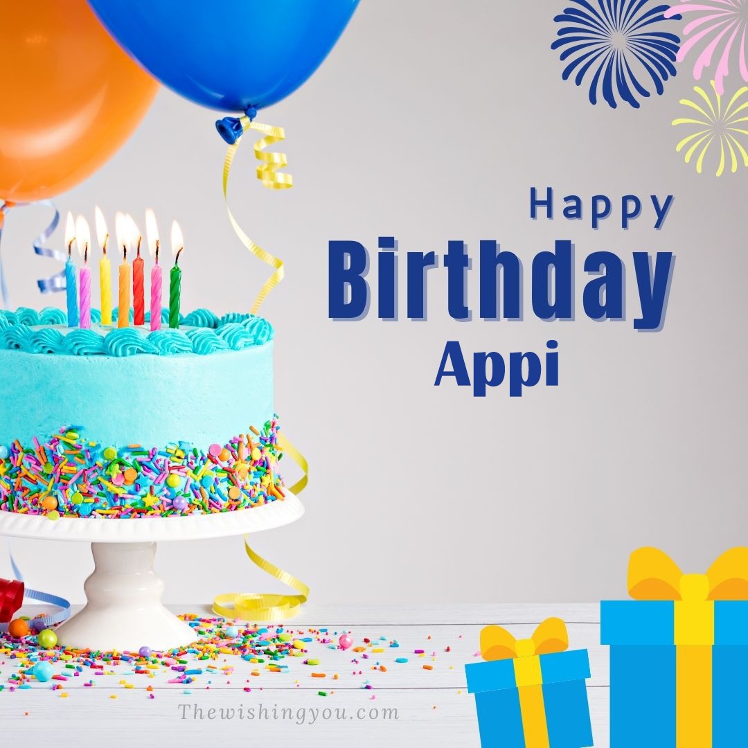 Happy birthday Appi written on image White cake keep on White stand and blue gift boxes with Yellow ribon with Sky background