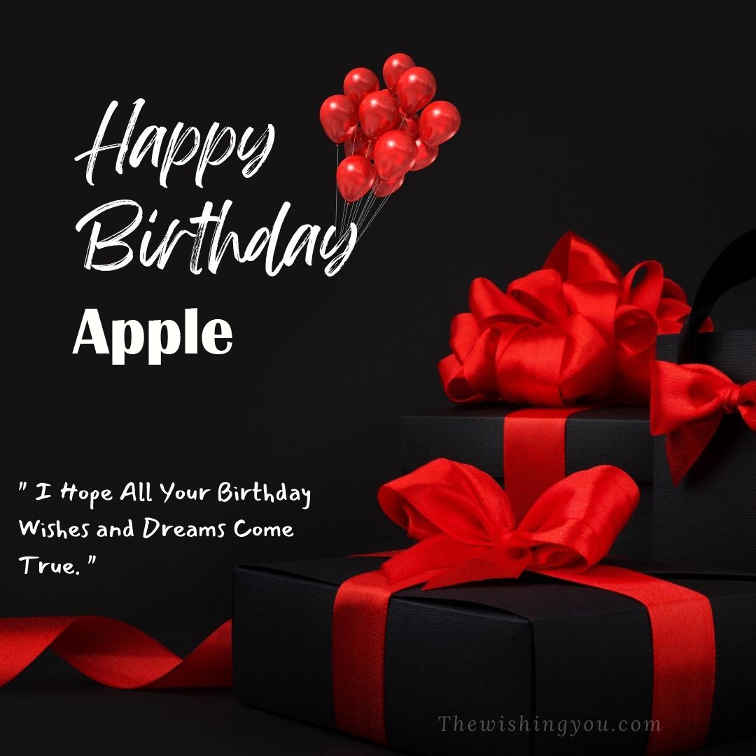Happy birthday Apple written on image red ballons and gift box with red ribbon Dark Black background
