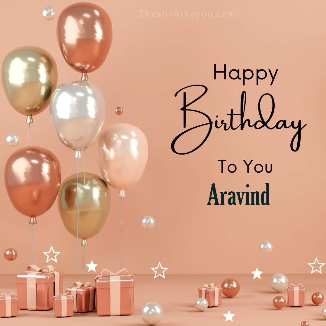 Happy birthday Aravind written on image Light Yello and white and pink Balloons with many gift box Pink Background
