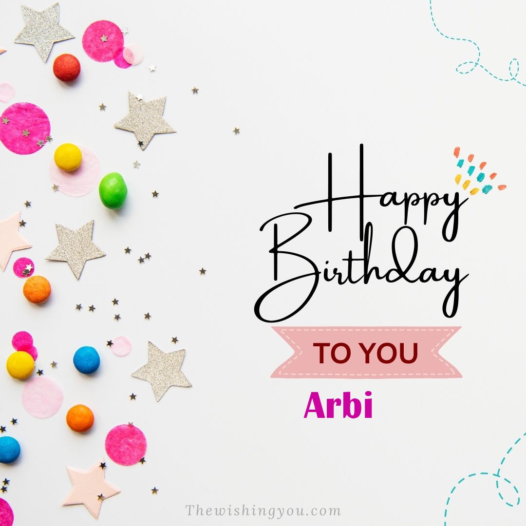 Happy birthday Arbi written on image Star and ballonWhite background