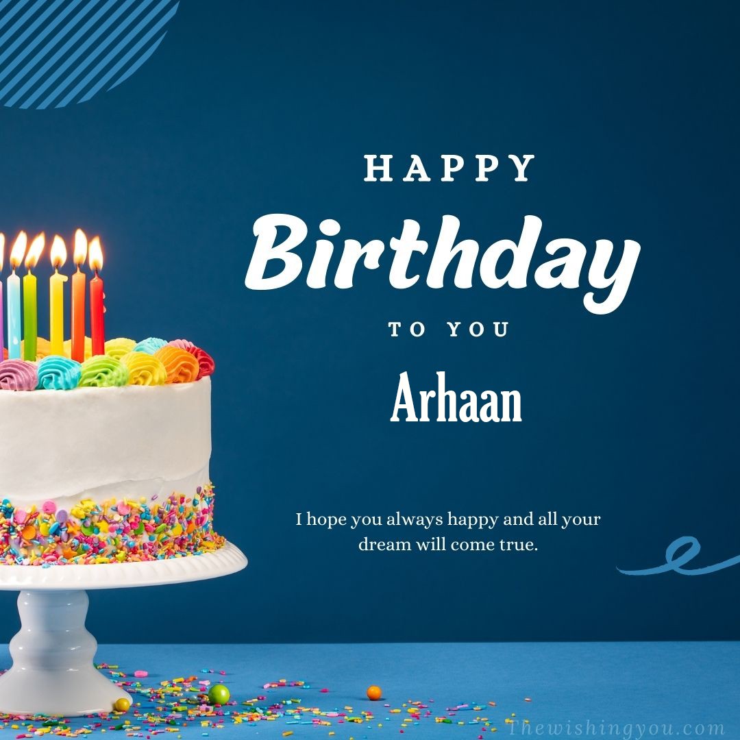 Happy birthday Arhaan written on image white cake and burning candle Blue Background