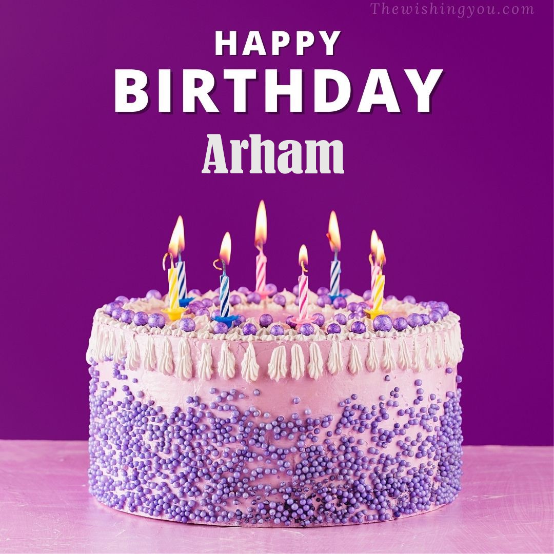 Happy birthday Arham written on image White and blue cake and burning candles Violet background