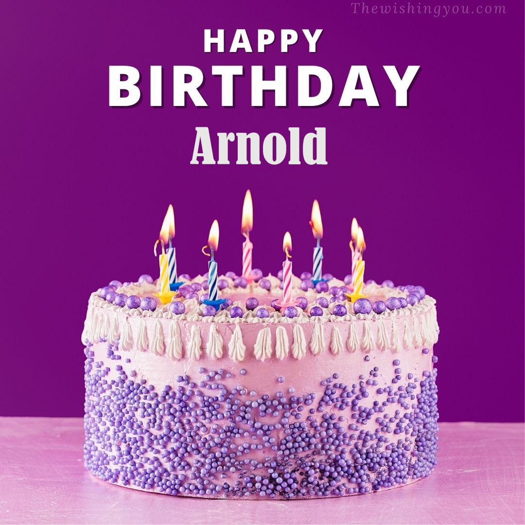 Happy birthday Arnold written on image White and blue cake and burning candles Violet background