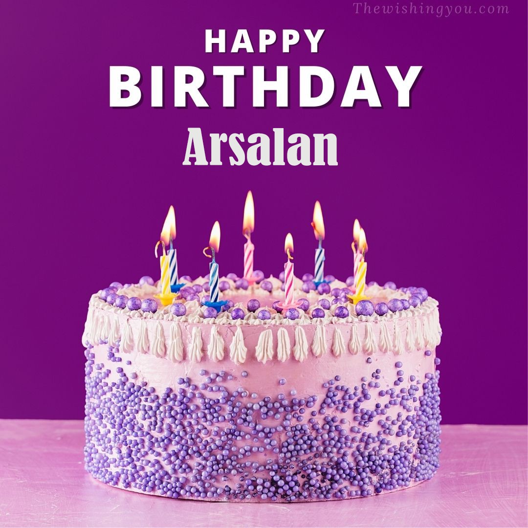Happy birthday Arsalan written on image White and blue cake and burning candles Violet background