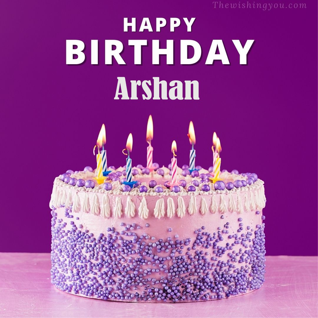 Happy birthday Arshan written on image White and blue cake and burning candles Violet background