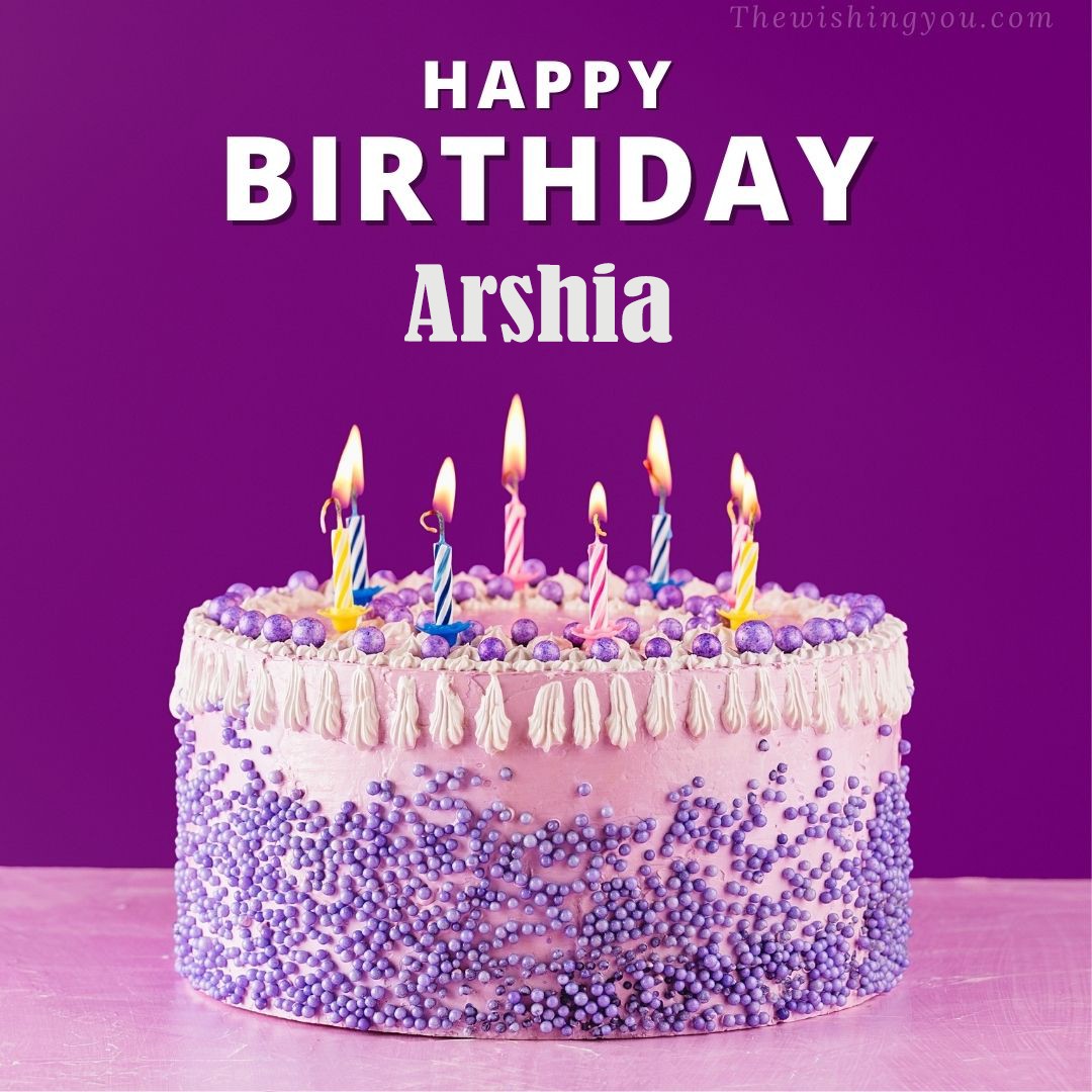 Happy birthday Arshia written on image White and blue cake and burning candles Violet background