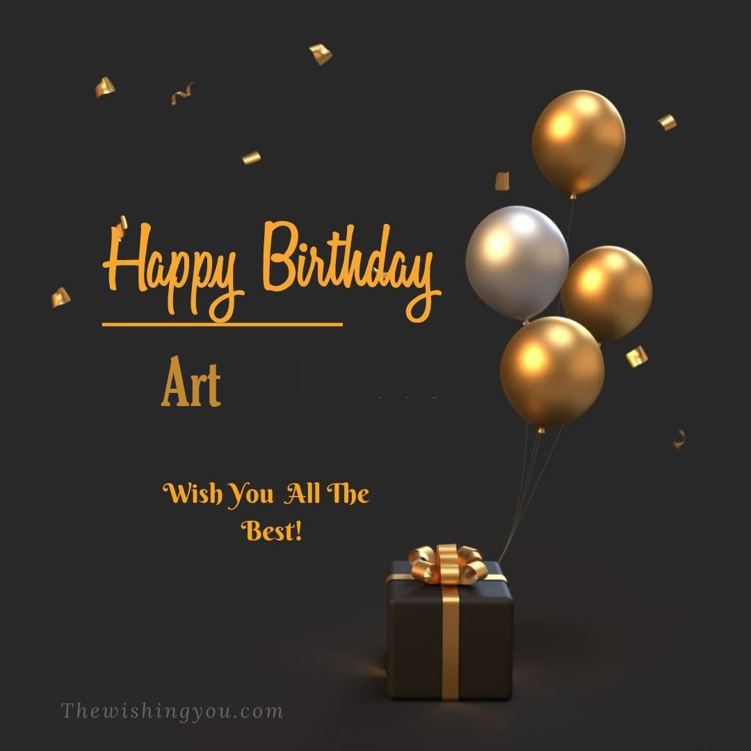 Happy birthday Art written on image Light Yello and white Balloons with gift box Dark Background