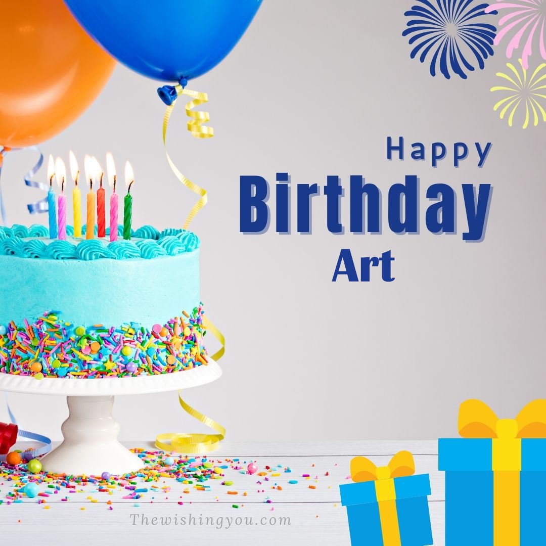 Happy birthday Art written on image White cake keep on White stand and blue gift boxes with Yellow ribon with Sky background