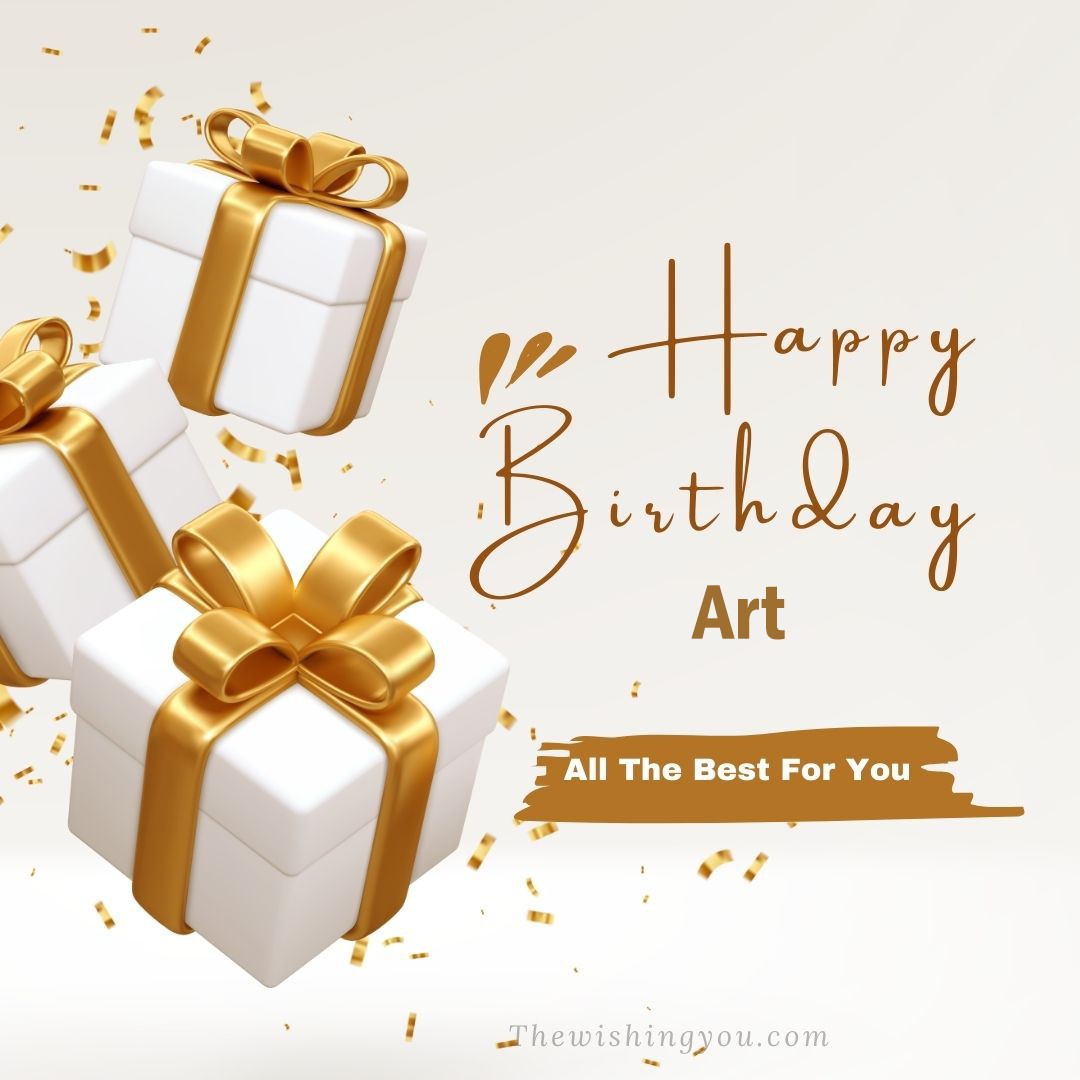 Happy birthday Art written on image White gift boxes with Yellow ribon with white background