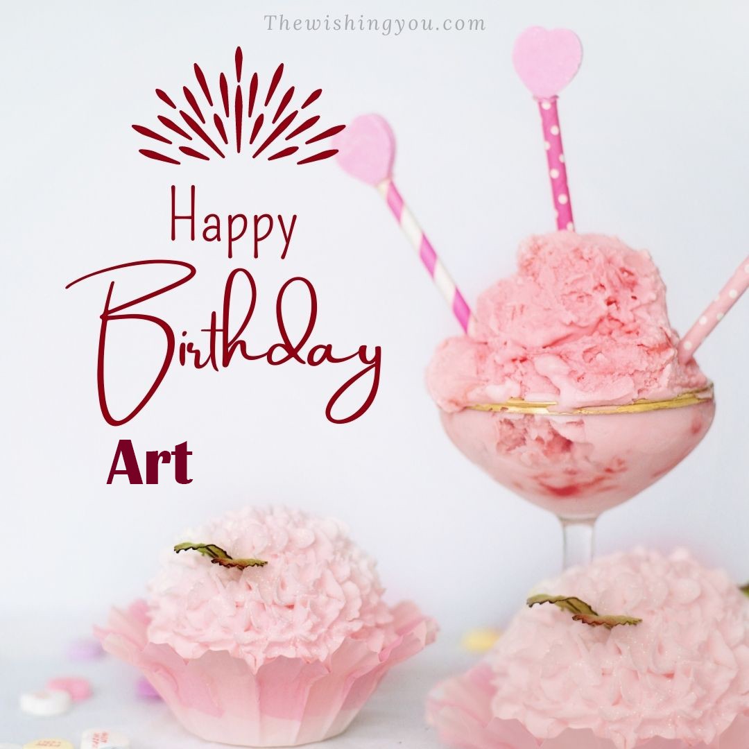Happy birthday Art written on image pink cup cake and Light White background