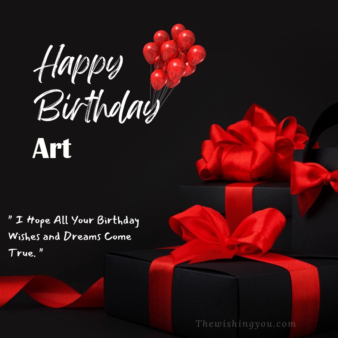 Happy birthday Art written on image red ballons and gift box with red ribbon Dark Black background