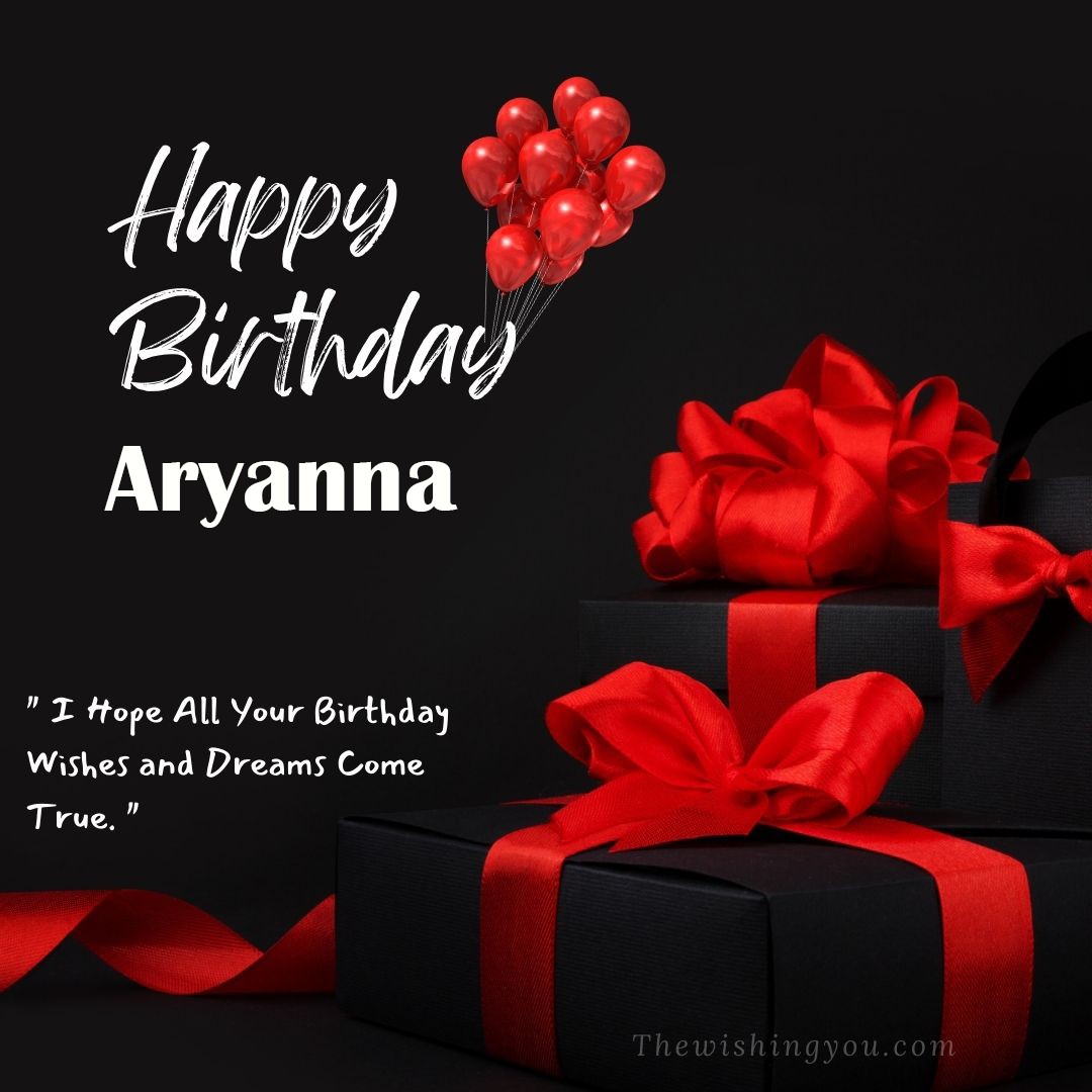 Happy birthday Aryanna written on image red ballons and gift box with red ribbon Dark Black background