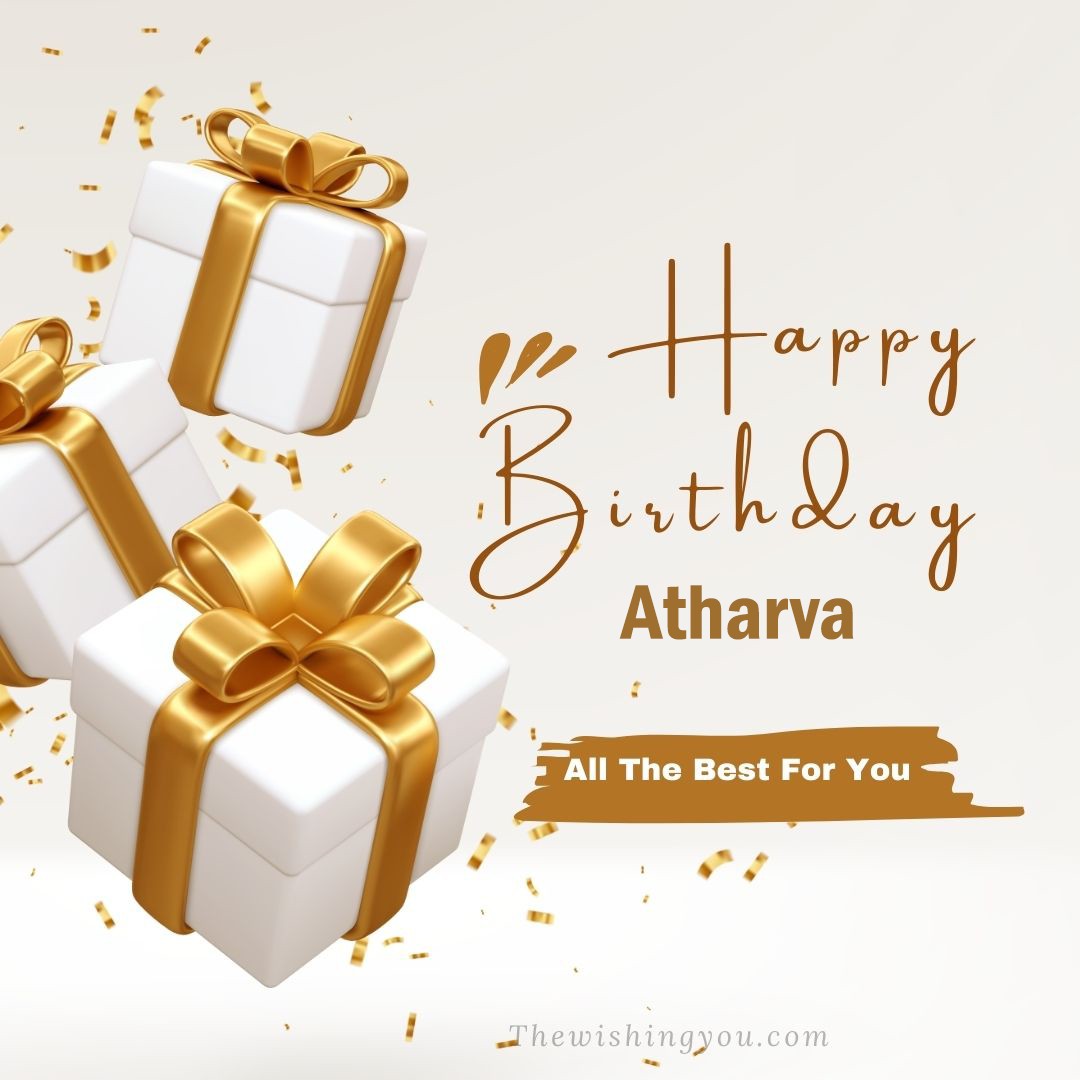Happy birthday Atharva written on image White gift boxes with Yellow ribon with white background