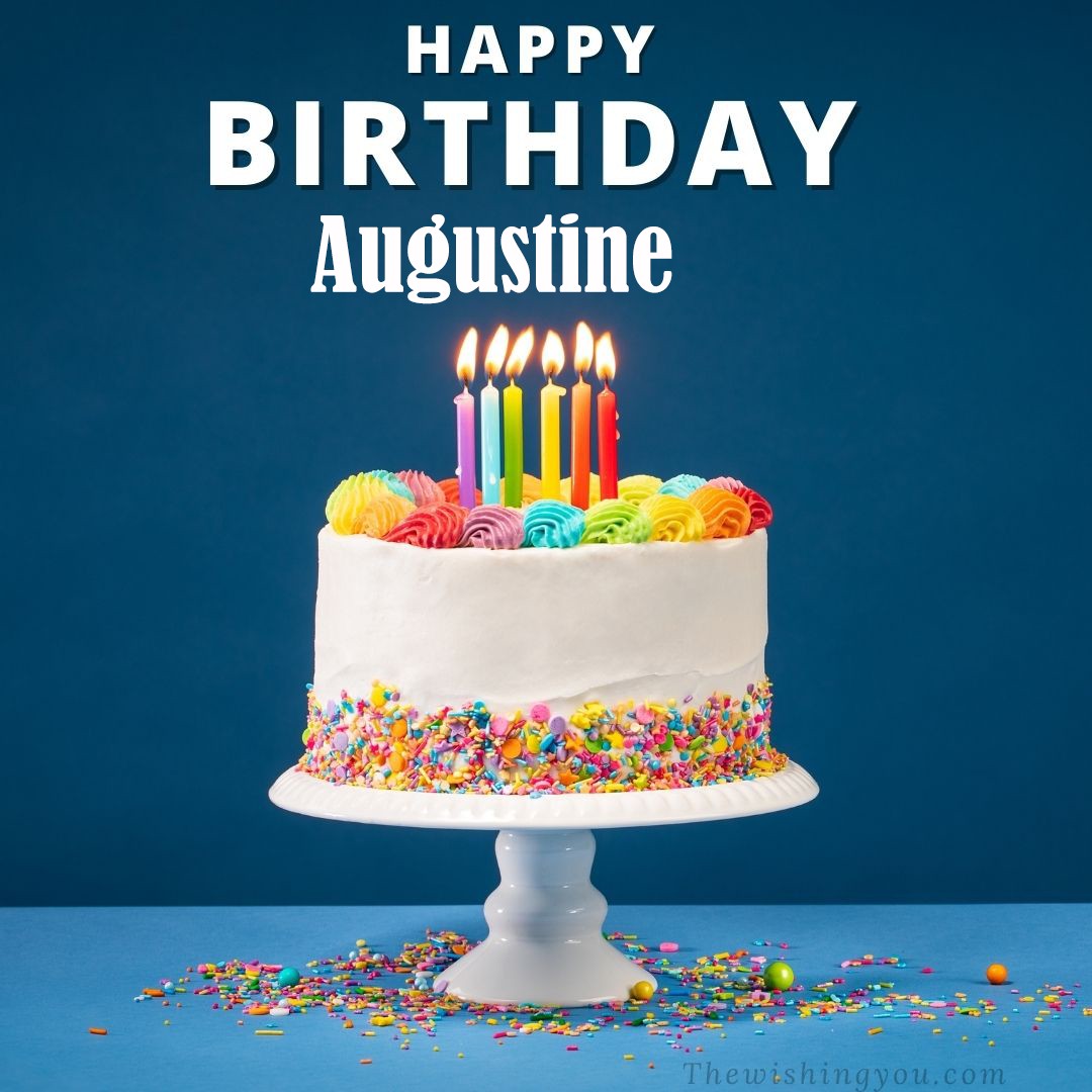 Happy birthday Augustine written on image White cake keep on White stand and burning candles Sky background
