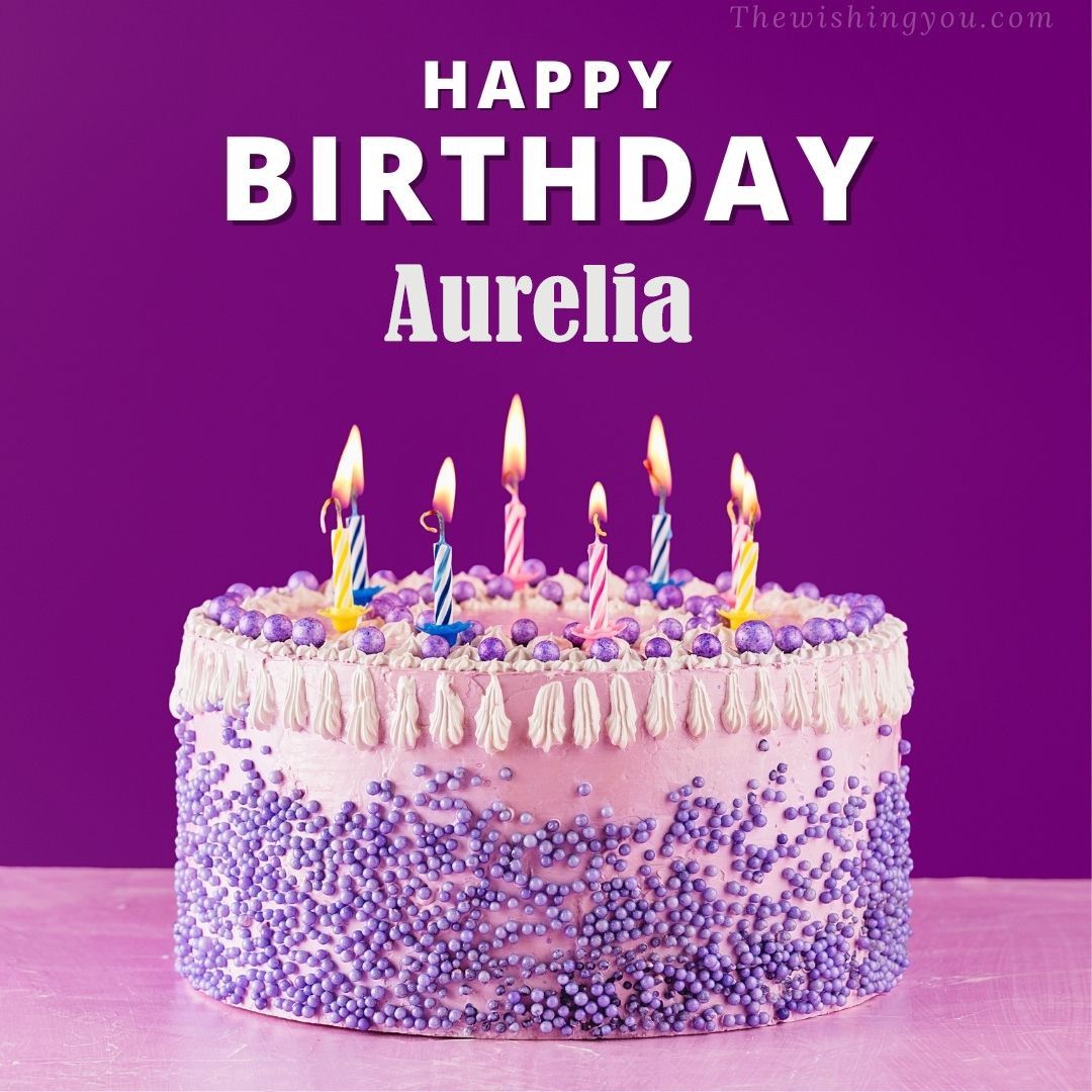 Happy birthday Aurelia written on image White and blue cake and burning candles Violet background