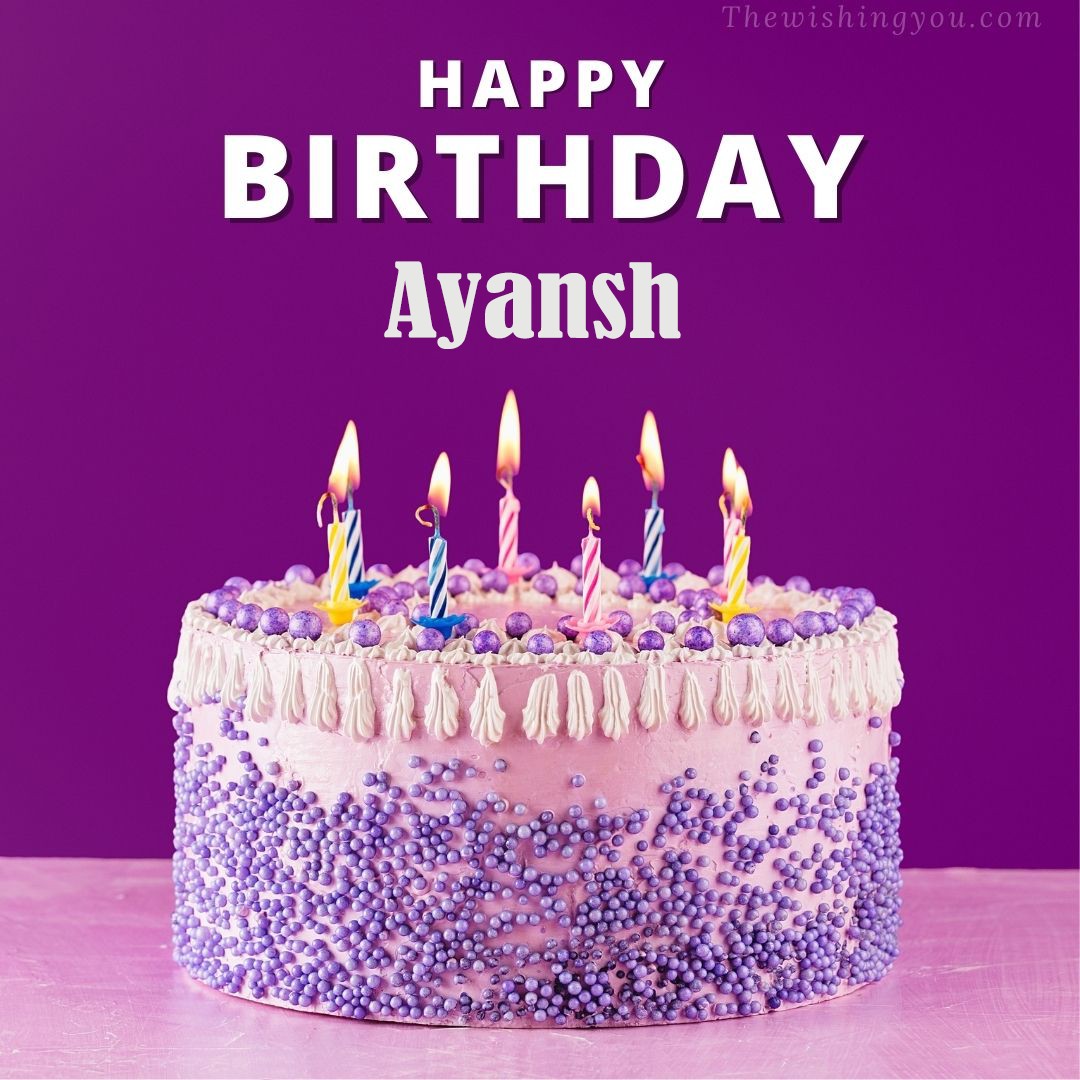 Happy birthday Ayansh written on image White and blue cake and burning candles Violet background